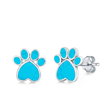 Paw Prints Stud Earrings Turquoise 925 Sterling Silver (10mm)